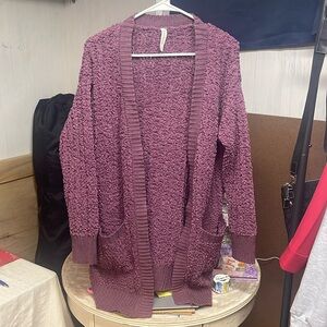 Zenana Popcorn Cardigan Sweater Open Front Oversized EUC Plum